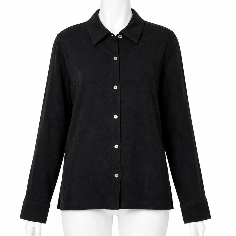 La Cabana Black Button Front Shirt Large Stretch Quiet Luxury Minimalist Travel